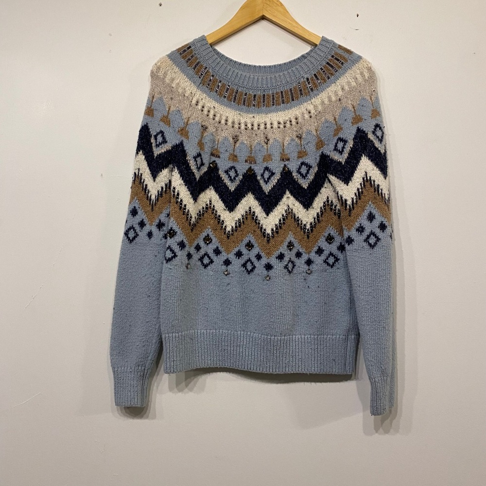 Abercrombie & Fitch Blue Fair Isle Beaded Knit Grannycore Sweater Medium